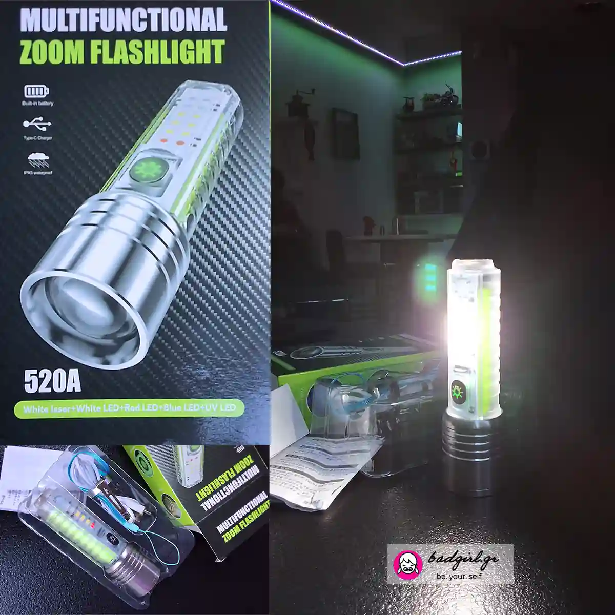 A close up of a model 520A led flashlight