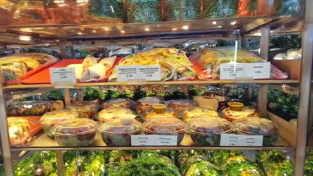 a display case with food in it