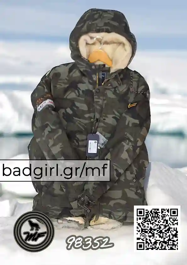 a camo jacket with fur hood on an icy landscape