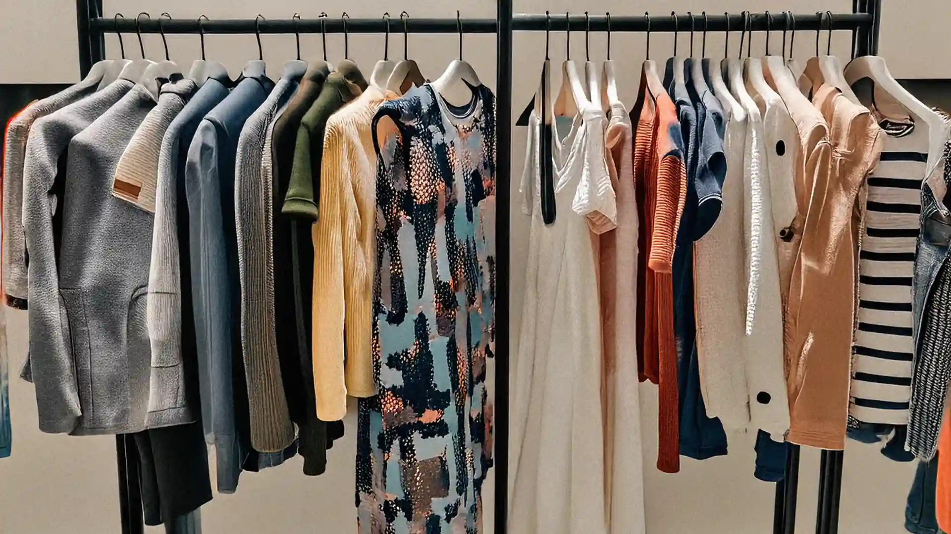 women's clothes hanging in a rack in a clothing shop