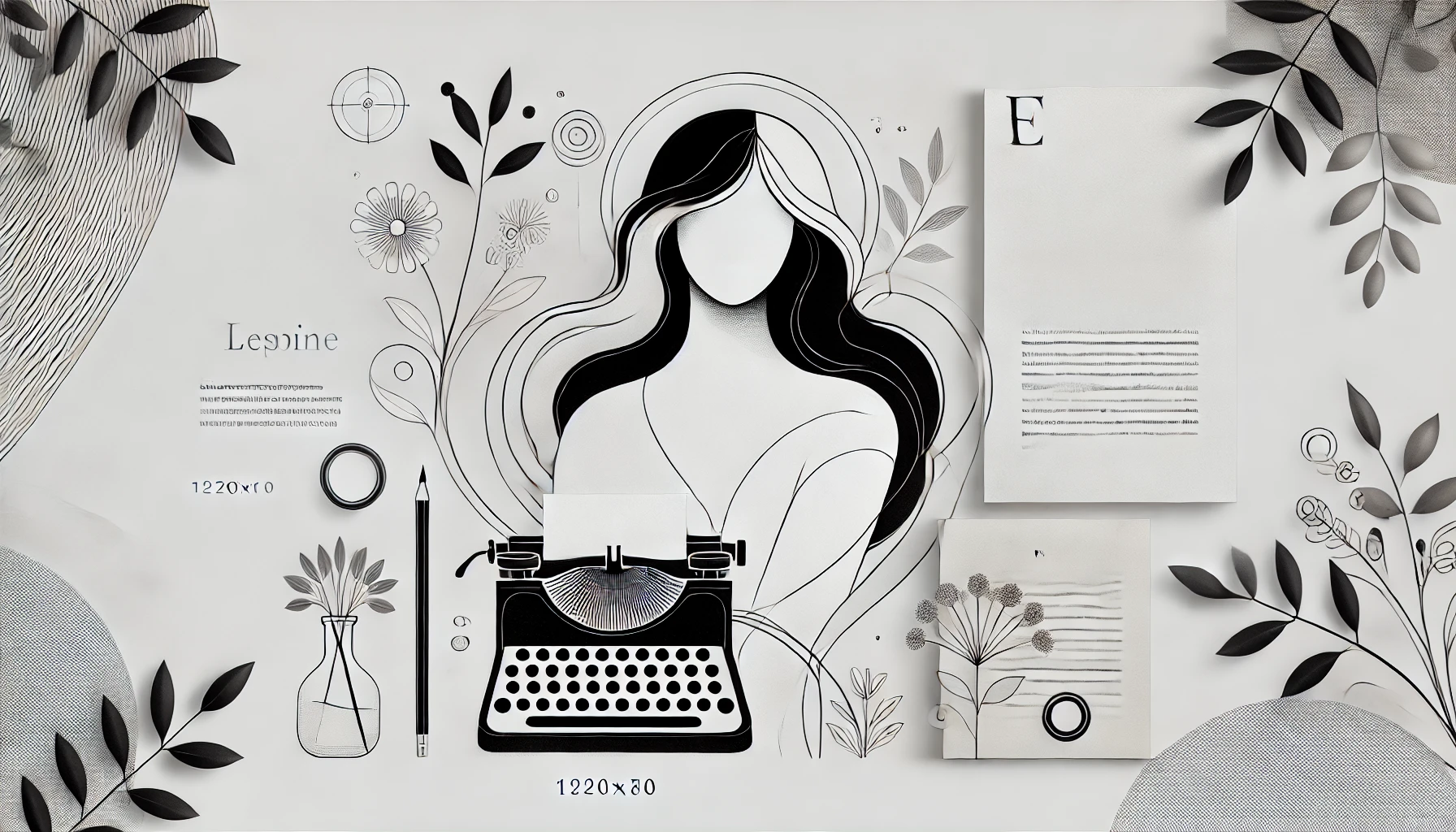 a drawing of a woman with a typewriter and writing tools