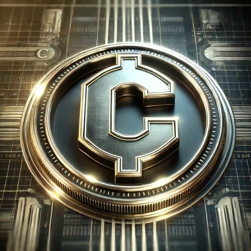 metallic round symbol depicting a graphic logo of the letter G